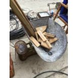 A SET OF VINTAGE POTATO SCALES AND A WOODEN AIRIER COMPLETE WITH METAL FITTINGS