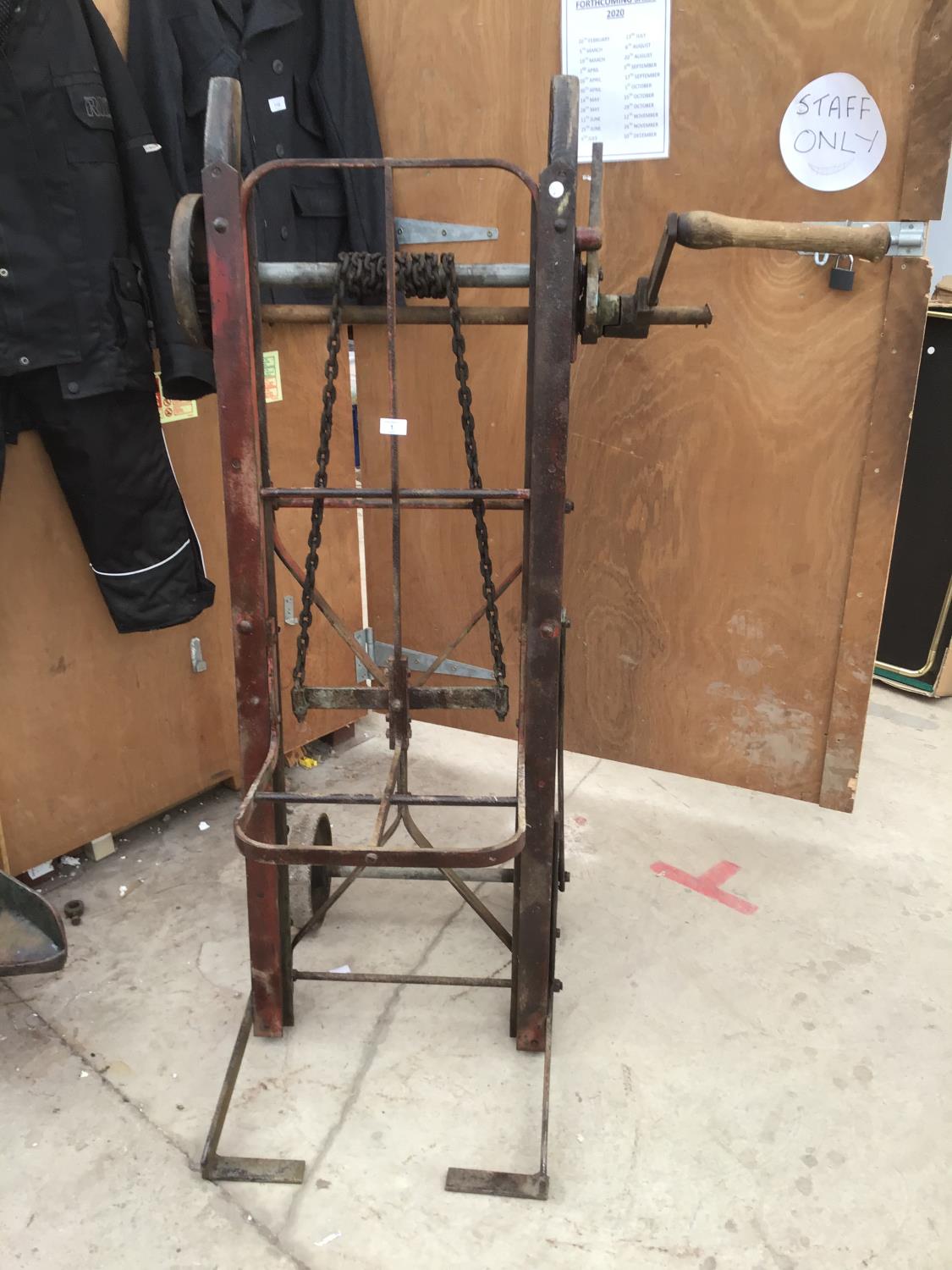 A VINTAGE SACK TRUCK WITH CHAIN LIFTING MECHANISM E J TONG SPILSBY FROM EITHER DOCKS OR RAILWAY