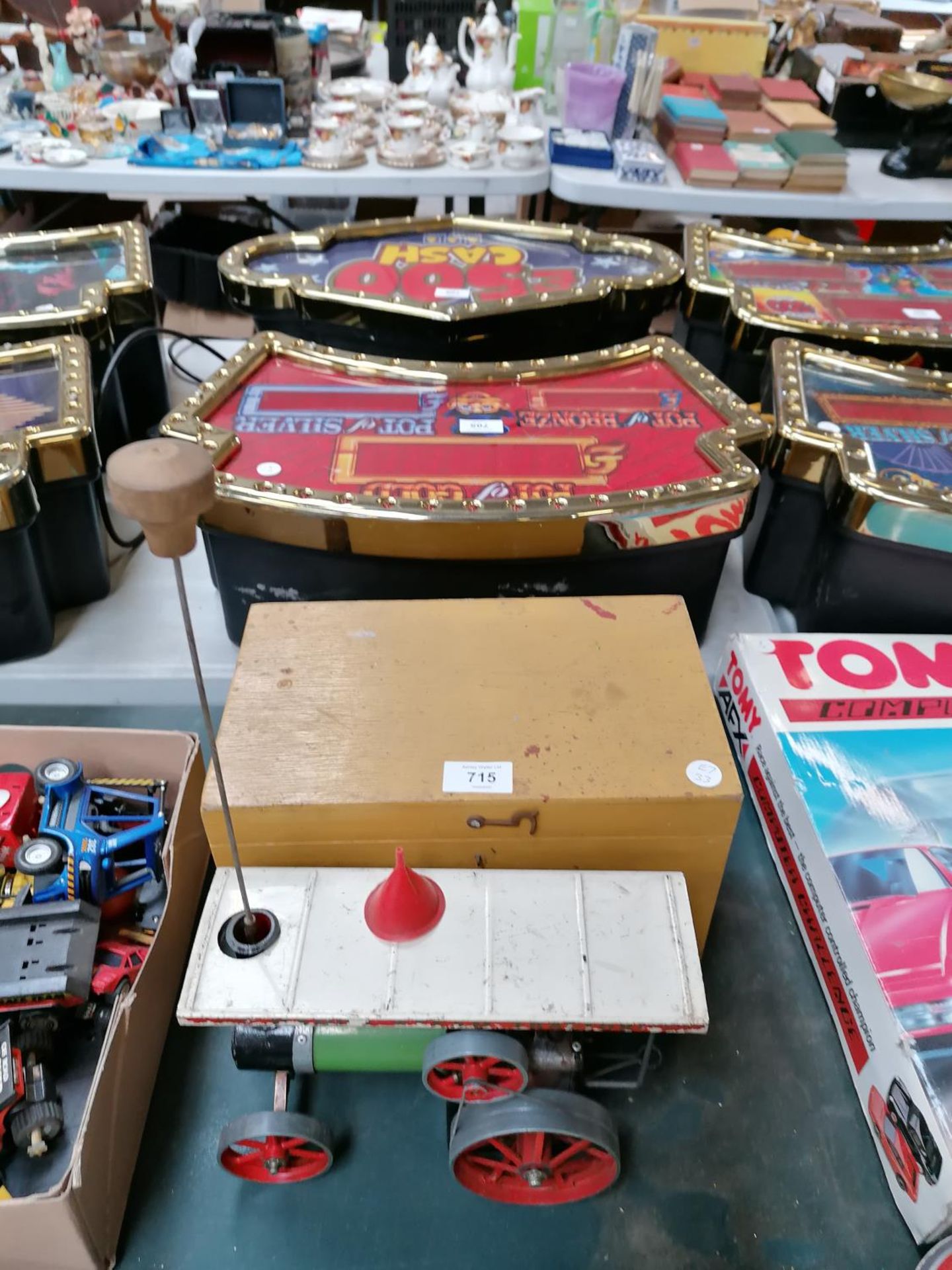 A VINTAGE MAMOD STEAM ENGINE WAGON AND WOODEN BOX