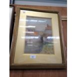 A GILT FRAMED WATERCOLOUR OF HOUSES, SIGNED LOWER RIGHT CORNER GEOFF HUGHES
