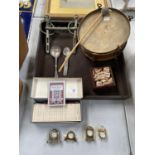 VARIOUS ITEMS TO INCLUDE A DRUM AND STICK, TWO EPNS SPOONS, FOUR MINIATURE CLOCKS, A HORSE BIT, A