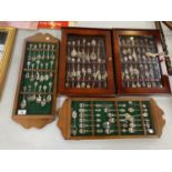 FOUR WOODEN DISPLAY CABINETS CONTAINING VARIOUS COLLECTABLE SPOONS TO INCLUDE PLACES, EVENTS ETC