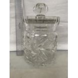 A LARGE CUT GLASS JAR WITH LID APPROXIMATELY 27 CM HIGH