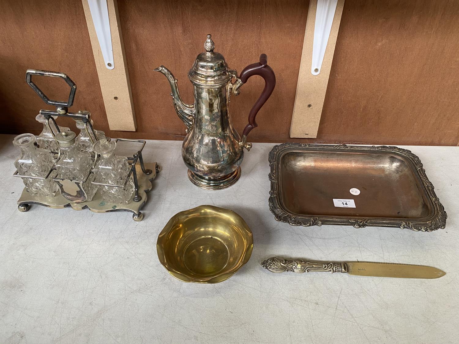 A SILVER PLATED TRAY, KNIFE AND COFFEE POT TOGETHER WITH CRYSTAL CUT JARS IN STAND AND BRASS DISH