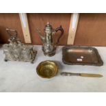 A SILVER PLATED TRAY, KNIFE AND COFFEE POT TOGETHER WITH CRYSTAL CUT JARS IN STAND AND BRASS DISH