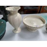 A CREAM VASE WITH CUT OUT LACE DESIGN TO TOP AND BASE AND A MATCHING CAKE STAND/FRUIT BOWL
