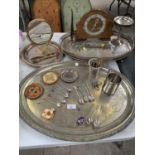 A COLLECTION OF ASSORTED SILVER PLATE AND EPNS ITEMS TO INCLUDE TRAYS, SPOON, GOBLET, BUD VASE ETC