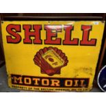 A VINTAGE ENAMEL SHELL MOTOR OIL ADVERTISING SIGN WIDTH 90CM X HEIGHT 70CM