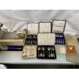 A COLLECTION OF BOXED FLATWARE TO INCLUDE TEASPOONS AND TONGS, FORKS, CAKE FORKS, SPOONS ETC AND