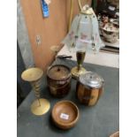VARIOUS ITEMS TO INCLUDE TWO WOODEN BISCUIT BARRELS, A LAMP, WOODEN BOWL ETC