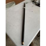 A BLACK WALKING STICK WITH A SILVER METAL JAGUAR HANDLE