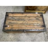 A VINTAGE FRENCH OAK GUN AMMO CHEST WITH METAL BANDING AND TWO METAL SIDE HANDLES