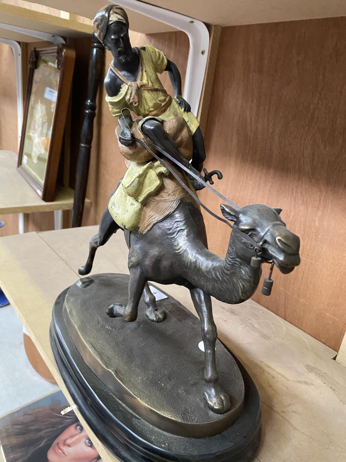 A LARGE BRONZE MODEL OF A CAMEL AND RIDER ON MARBLE BASE - Image 2 of 3