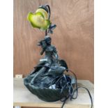 A RESIN FIGURAL DEPICTING A GIRL WITH A SHELL TABLE LAMP WITH FROSTED SHADE