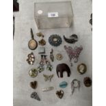 A COLLECTION OF TWENTY VARIOUS BROOCHES AND EARRINGS TO INCLUDE DIAMANTE, CAMEO, WOODEN AND ENAMEL