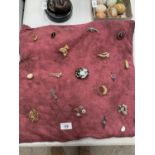 A CUSHION DISPLAYING SEVENTEEN VARIOUS BROOCHES TO INCLUDE PEARL, CAMEO, DIAMANTE FLOWER STYLES ETC