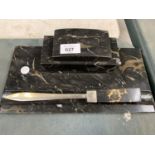A MARBLE DESK SET AND PAPER KNIFE