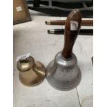 TWO VINTAGE METAL BELLS ONE WITH A WOODEN HANDLE AND 'RING FOR ATTENTION' ON SILVER METAL AND