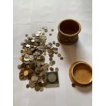 BRITISH PENNIES AND FLORINS IN PAPER BAGS PLUS MIXED IN A TUB