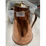 AN ARTS AND CRAFTS COPPER AND BRASS LIDDED JUG 25CM TALL