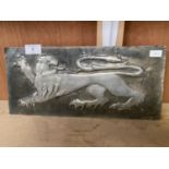AN UNUSUAL CAST PLAQUE OF A GOTHIC LION WIDTH 36CM X HEIGHT 16.5CM