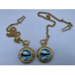 TWO YELLOW METAL POCKET WATCHES ON CHAINS WITH PICTURES OF SPITFIRES ON THE CASE AND DIAL