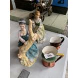 TWO CERAMIC LADY FIGURINES AND TWO SMALL TOBY JUG STYLE POTS