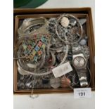 A BOX OF SILVER METAL JEWELLERY TO INCLUDE BANGLES, WATCH, INDIAN STYLE BANGLE AND RING ETC