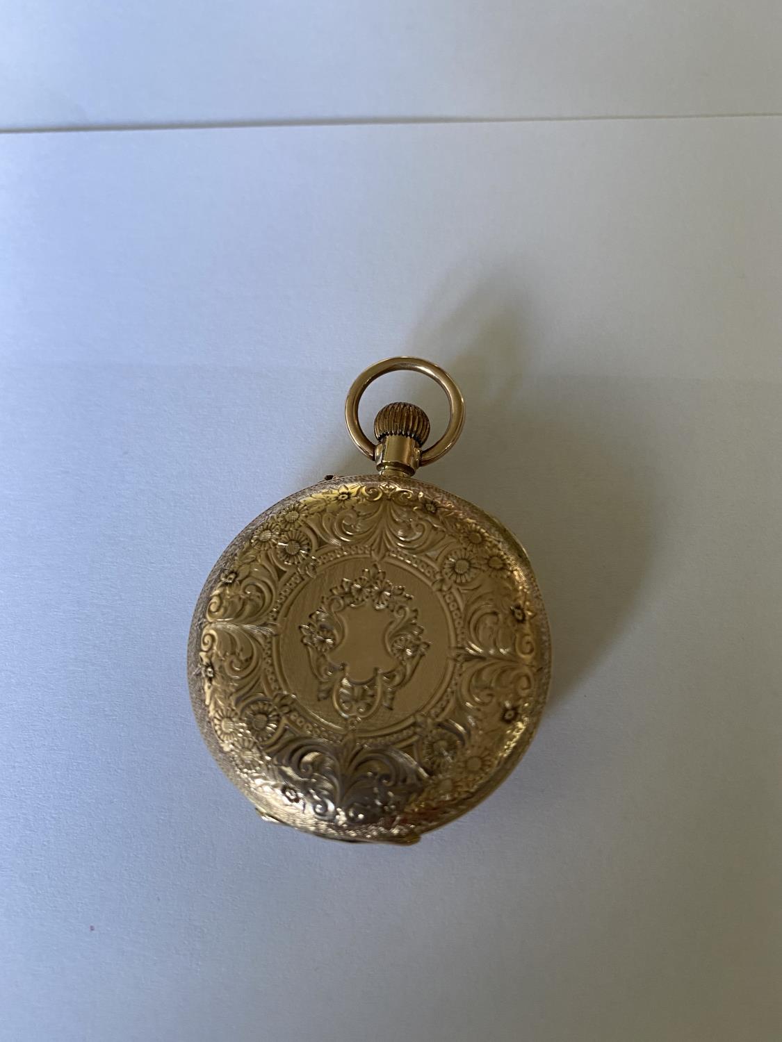 A LADIES T FATTORINI SWISS POCKET WATCH WITH 9 CARAT YELLOW GOLD CASE. WEIGHT 29.7 GRAMS, DIAMETER - Image 2 of 3