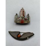 TWO ART DECO BROOCHES WITH ORANGE COLOURING AND DIAMANTE