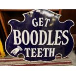 A VINTAGE ENAMEL GET BOODLES TEETH ADVERTISING SIGN WIDTH 83CM X HEIGHT 60CM