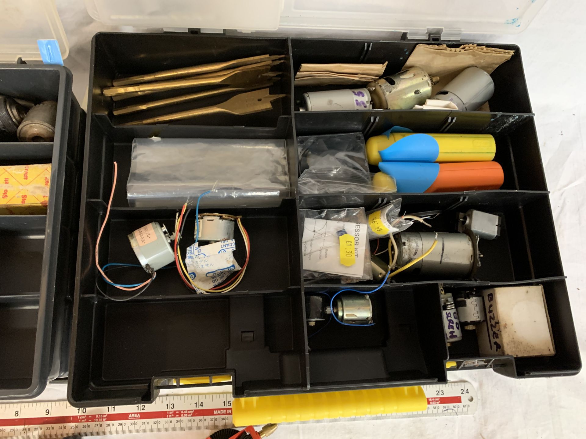 TWO DOUBLE SIDED PLASTIC TOOL BOXES PACKED WITH MODEL MAKING EQUIPTMENT TO INCLUDE BOAT MODEL SPARES - Image 3 of 7