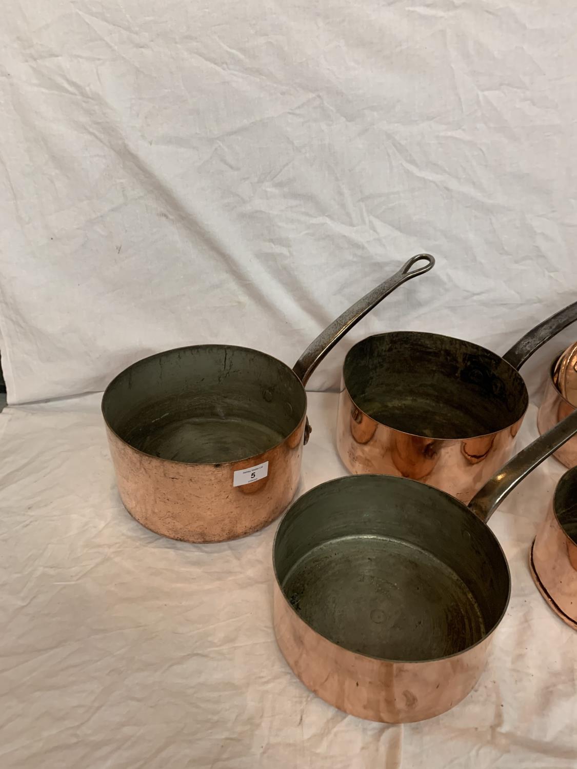 SEVEN VICTORIAN VARIOUS COPPER PANS SOME WITH LIDS - Image 2 of 5