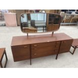 A TEAK DRESSING TABLE WITH TWO DOORS, THREE DRAWERS AND UPPER MIRROR