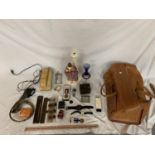 A TAN LEATHER BAG WITH VARIOUS WATCHES, HORN, CALIGRAPHY PENS IN A WOODEN BOX, PHONE ETC