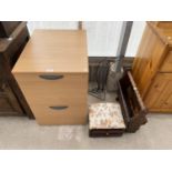 FOUR ITEMS - A BEECH EFFECT TWO DRAWER FILING CABINET, A SMALL FOOTSTOOL WITH TWO DRAWERS, A DOLPHIN