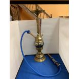 A BRASS SHISHA PIPE WITH A BLUE BRAIDED PIPE