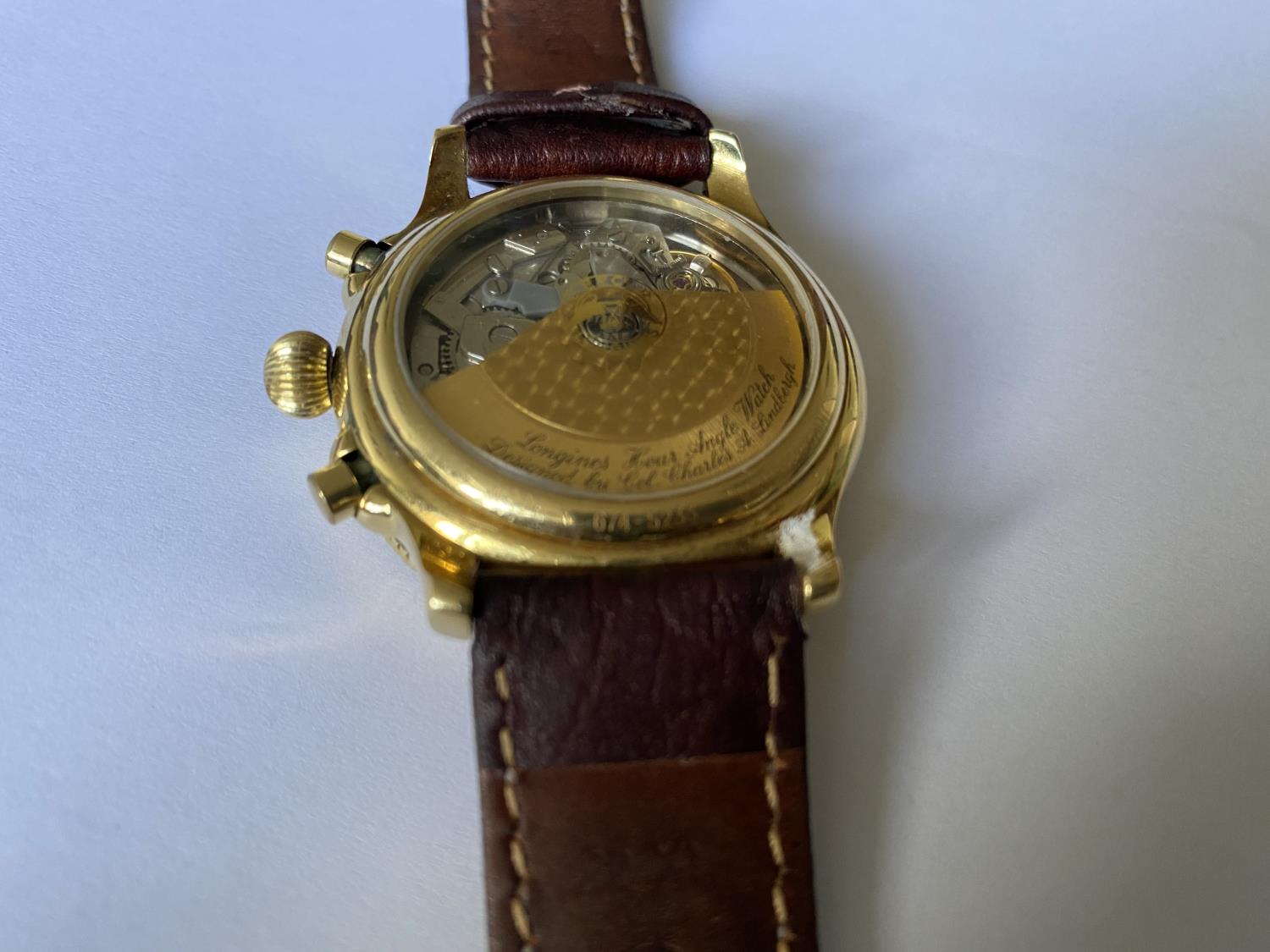 A LONGINES LINDEBERGH HOUR ANGLE WRIST WATCH WITH SOLID YELLOW GOLD CASE AND BEZEL, AUTOMATIC - Image 4 of 12