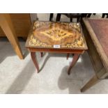 AN ITALIAN INLAID MAHOGANY SEWING TABLE WITH HINGED TOP AND A MAHOGANY COFFEE TABLE