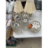 FIVE NEW SHELL LAMPSHADES WITH TAGS AND A PAIR OF BRASS STYLE TABLE LAMPS