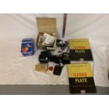 VARIOUS PHOTOGRAPHY RELATED ITEMS TO INCLUDE CAMERAS, ILFORD PLATE, ILFORD PAPER ETC