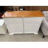 A WHITE CABINET WITH TWO DOORS, TWO DRAWERS AND PINE TOP