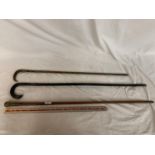 THREE VARIOUS WALKING STICKS WITH GOLD AND SILVER METAL FINALES