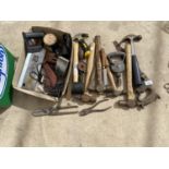 A COLLECTION OF TOOLS TO INCLUDE HAMMERS, SAWS, PLIERS, SNIPS ETC