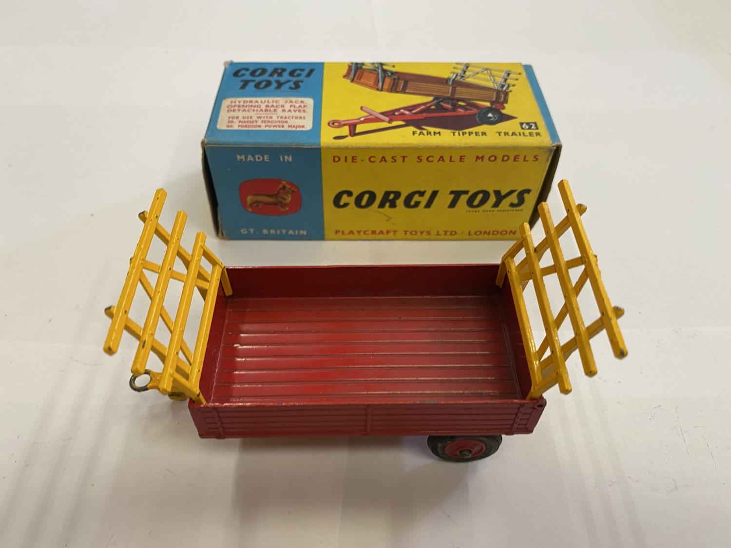 A CORGI TOYS FARM TIPPER TRAILER MODEL, BOXED, MODEL NUMBER 62