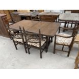 A YOUNGER TOLEDO OAK EXTENDING DINING TABLE WITH FOUR DINING CHAIRS AND TWO CARVERS