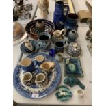 A LARGE COLLECTION OF BLUE AND TURQOUISE POTTERY TO INCLUDE JUGS, PLATES, DISHES, PAPERWEIGHT ETC