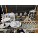 VARIOUS KITCHEN RELATED ITEMS TO INCLUDE A REVOLVING SPICE RACK AND JARS, GLASS LIDDED JARS,