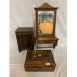 A WOODEN WALL MIRROR WITH LOWER DRAWER, A WOODEN BOX AND A CUPBOARD