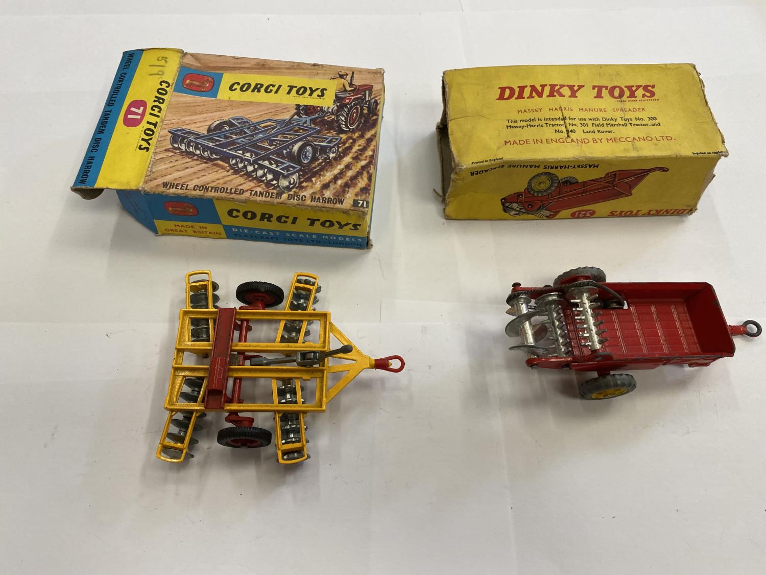 TWO BOXED DIE CAST MODELS - CORGI NO.71 TANDEM DISC HARROW AND DINKY TOYS NO.321 MASSEY-HARRIS